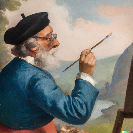 A painting of a man holding a paintbrush